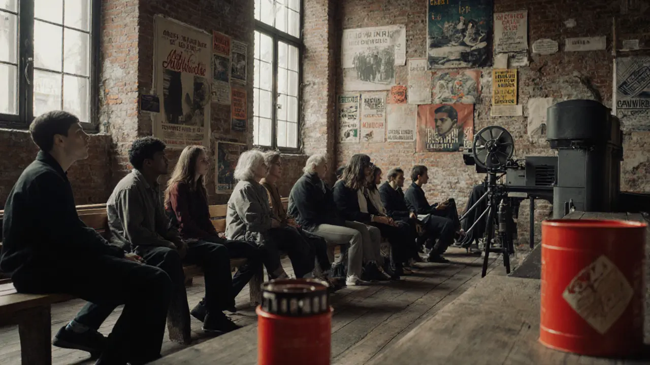 A diverse group watches a silent film in a converted printing press, surrounded by vintage cinema posters.