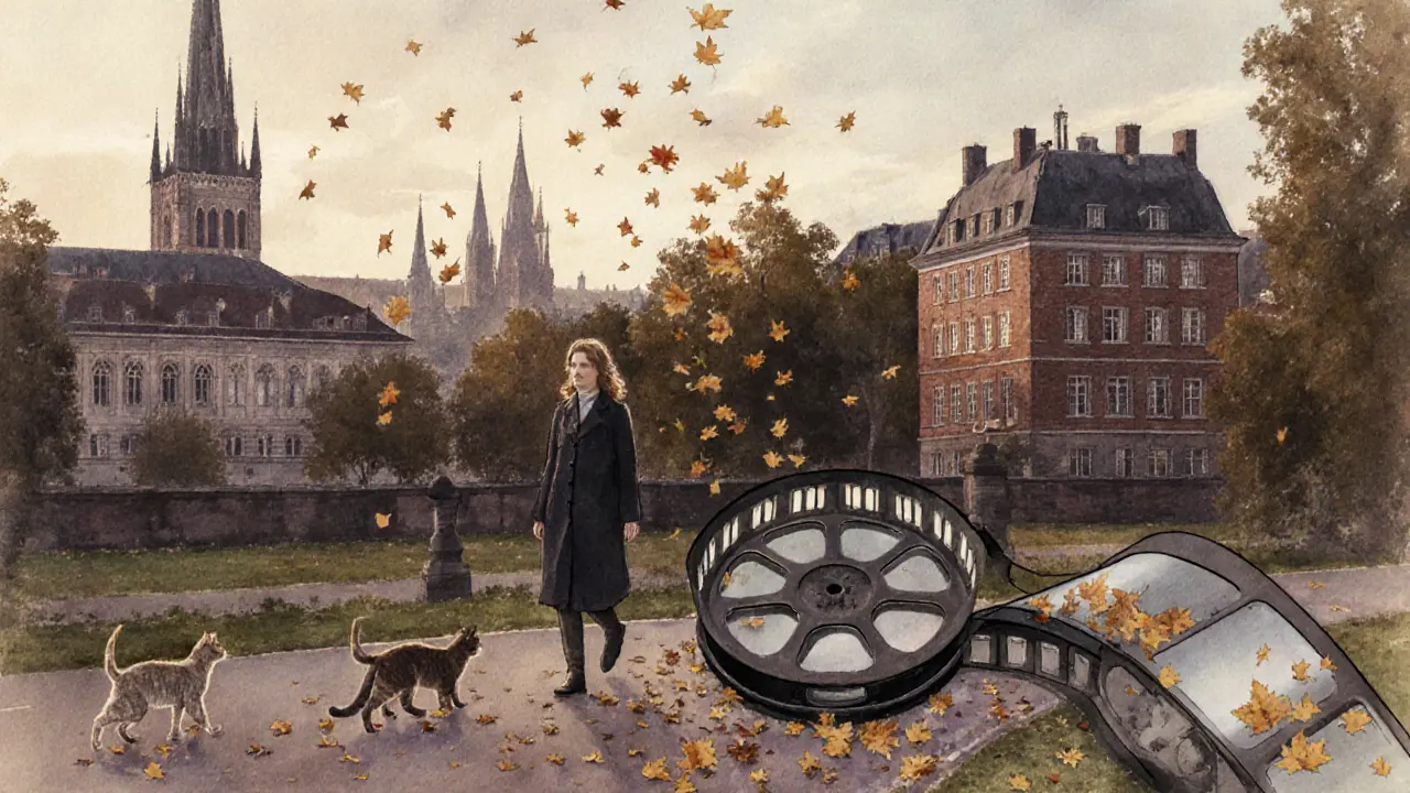 A figure walks through a park at dusk, cats beside them, film reels fading into autumn leaves.