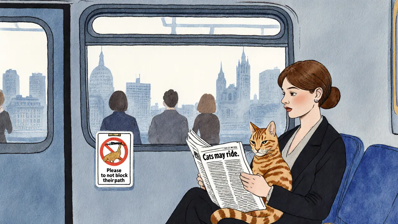 A ginger cat sitting calmly on a woman&#039;s lap on a Munich subway train, passengers blurred in background.