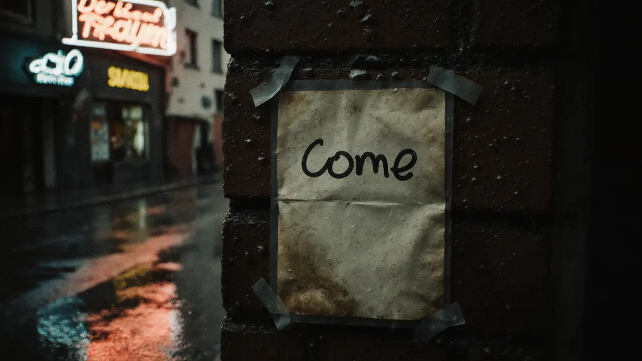 A handwritten &#039;Come&#039; flyer taped to a wet brick wall outside a small venue, no digital elements visible.