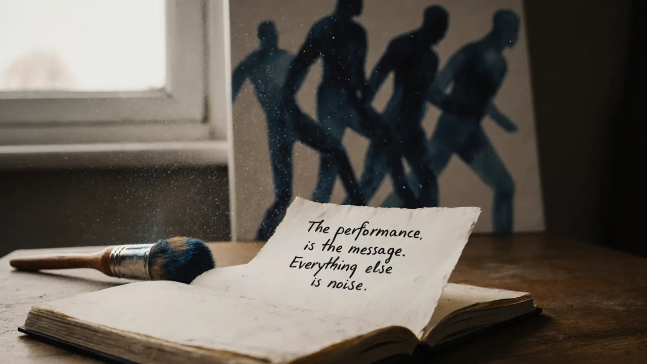 A handwritten note and paintbrush rest beside an unfinished canvas with abstract human forms in soft morning light.