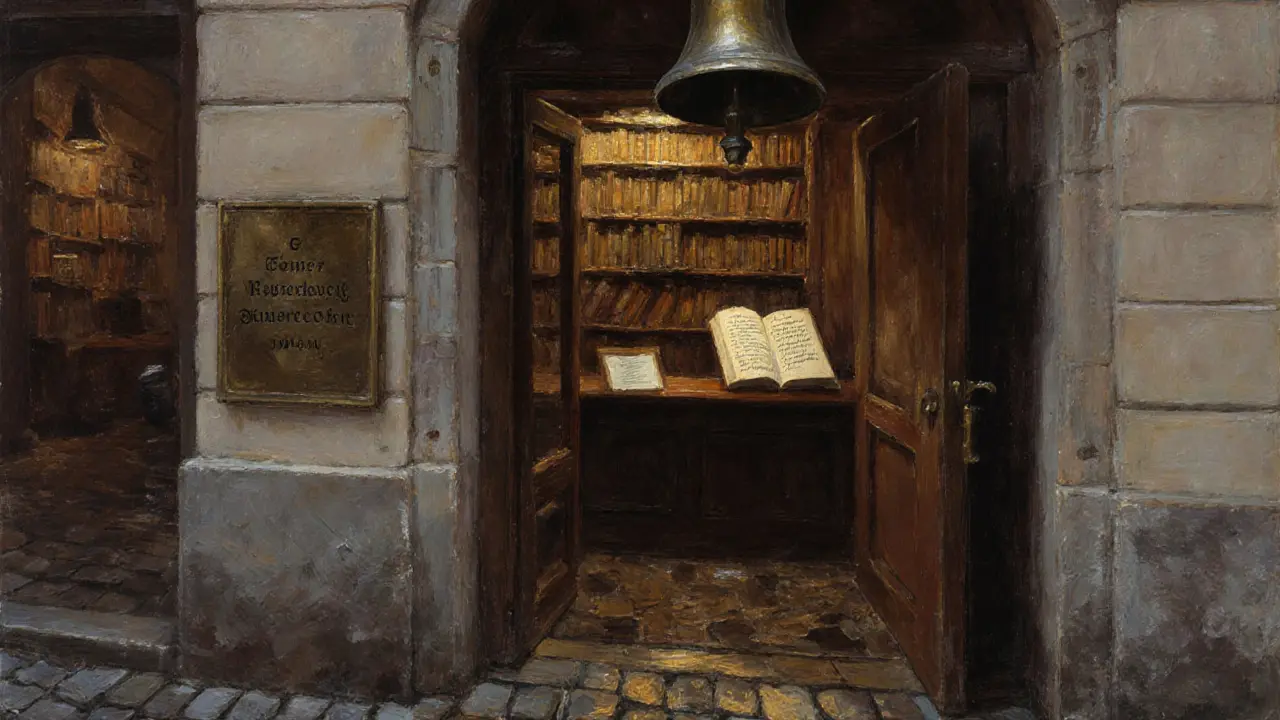 A hidden bookstore doorway in Neumarkt with a brass bell, a handwritten note visible inside on a shelf behind the counter.