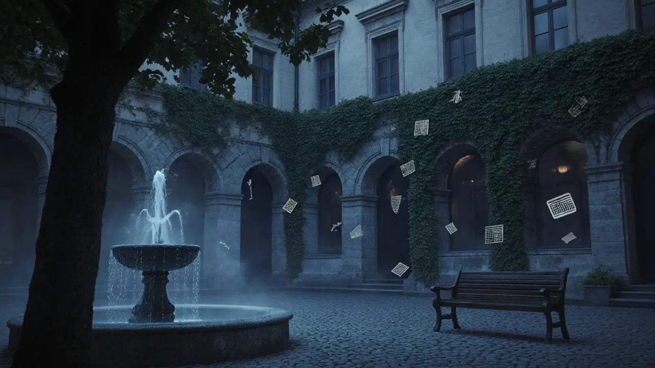 A hidden courtyard behind an opera house with a dripping fountain and ivy-covered stones at dusk.