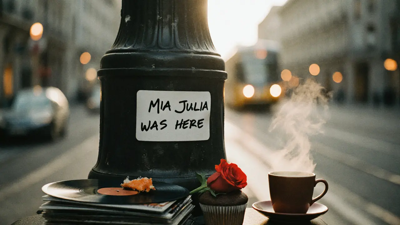 A lamppost with a sticker saying &#039;Mia Julia was here&#039; surrounded by vinyl, muffin, coffee, and a rose.