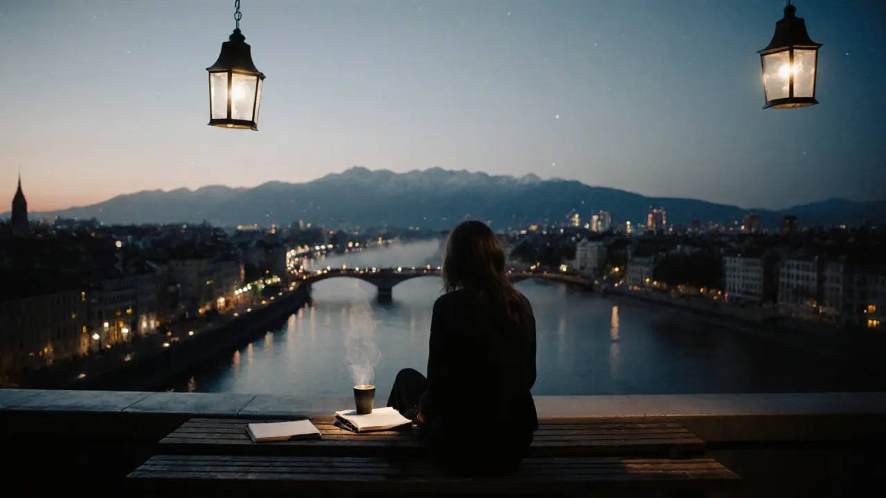 A lone person sitting on a rooftop at night, city lights and distant Alps glowing softly.