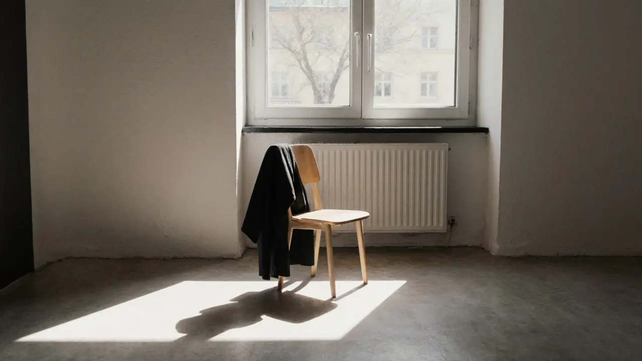 A minimalist room with a wooden chair and a black coat draped over it, soft winter light streaming through a window.