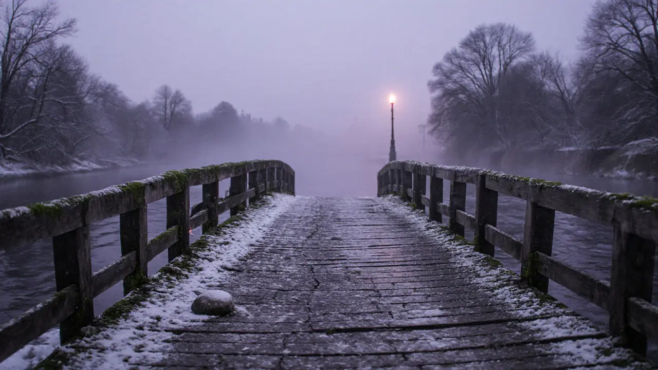 A narrow, railless wooden bridge over the Isar River covered in snow, a small stone left on the far side.