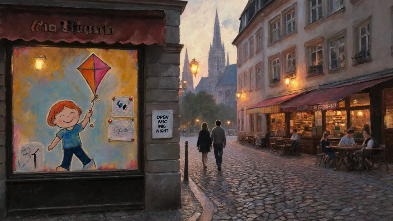 A neighborhood at dusk where Mia Julia’s art inspires children’s drawings and community gatherings.