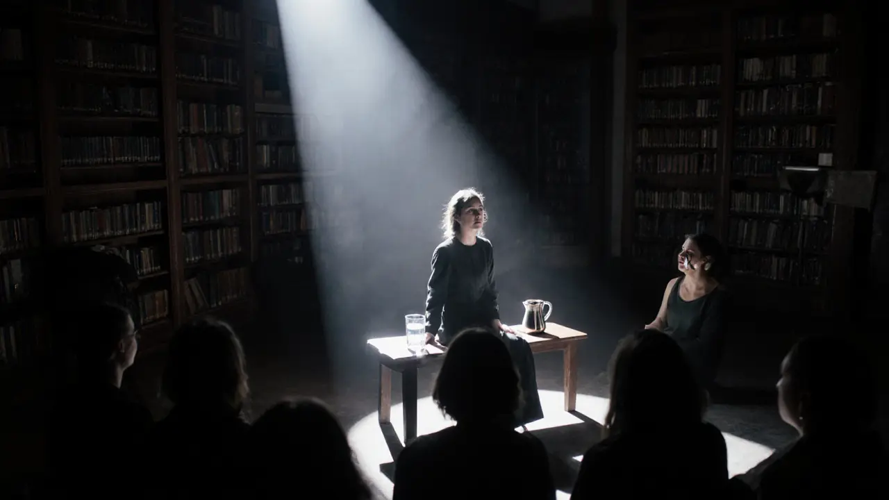 A performer sits quietly on a bench in a library, lit by a single spotlight, audience motionless in shadow.