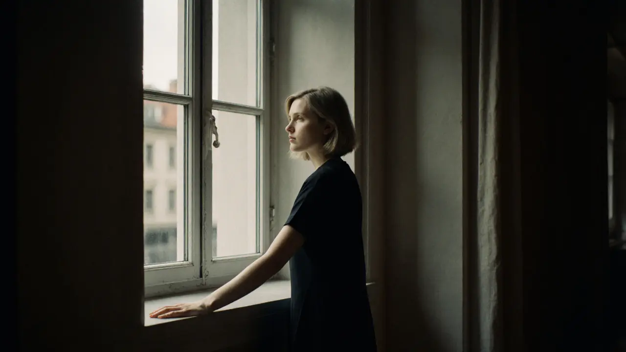 A performer stands still by a window in shadow, bathed in single shaft of light, exuding quiet presence.