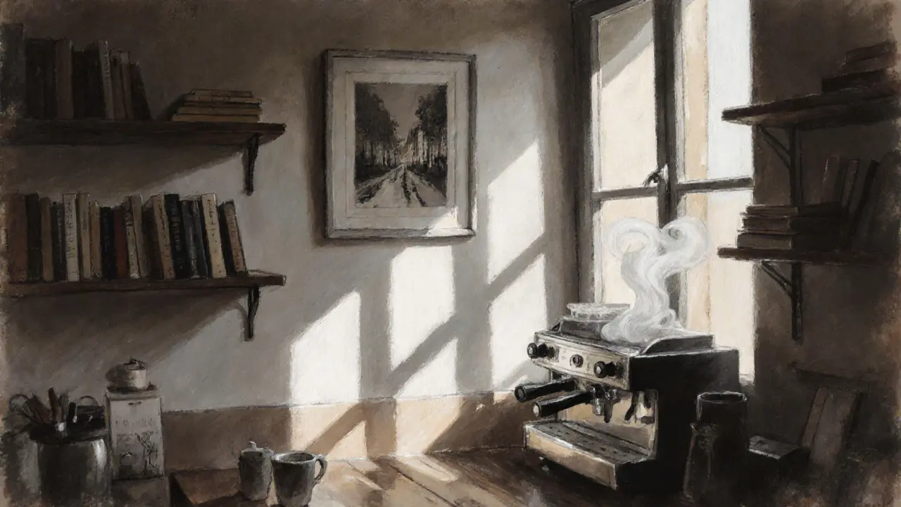 A quiet café wall in Munich displays a painting titled &#039;October Rain, 2022&#039; with steam rising from a coffee cup.