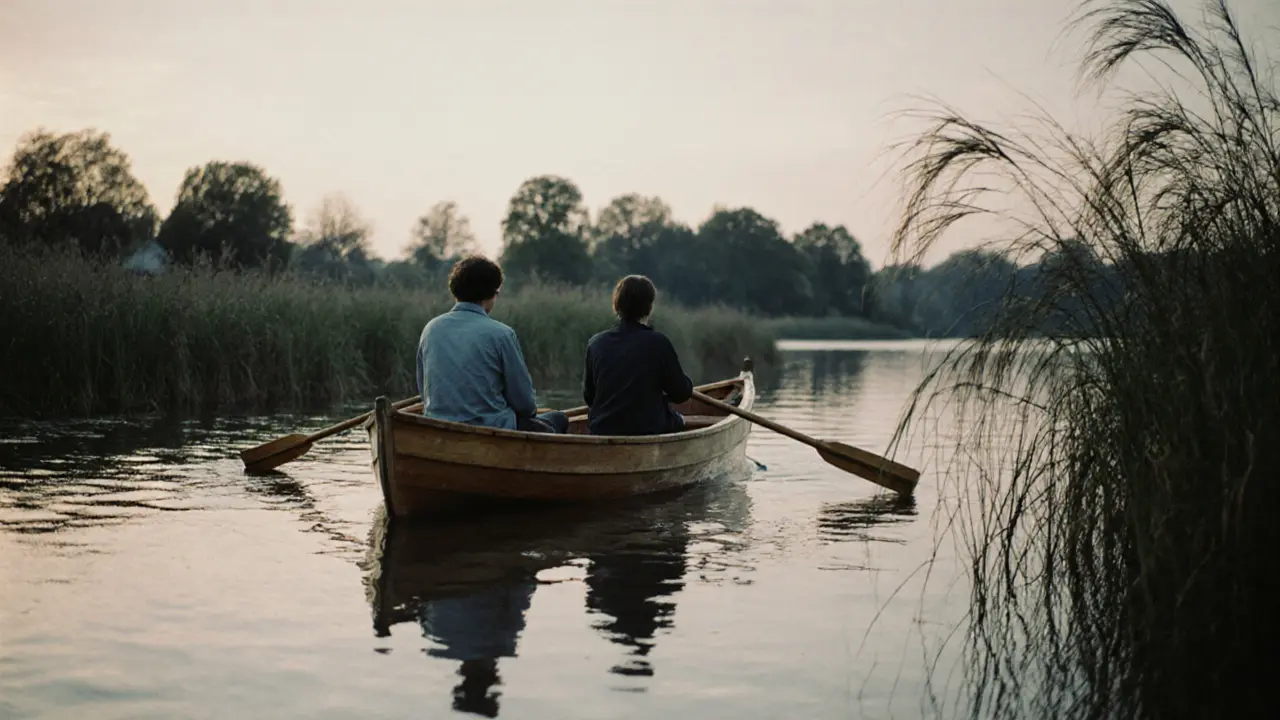 A quiet wooden rowboat on the Isar River, two people sitting silently side by side.