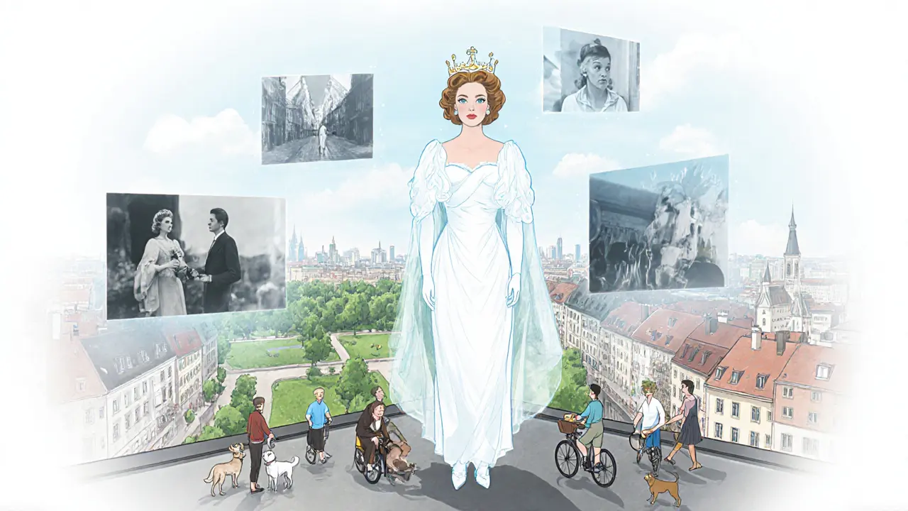 A serene, symbolic figure of Briana Banks overlooking Munich’s Englischer Garten, with faint film scenes floating around her.