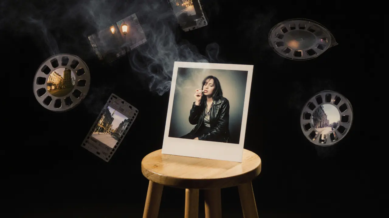 A single Polaroid of Dirty Tina floats in darkness, surrounded by ghostly film reels glowing faintly.