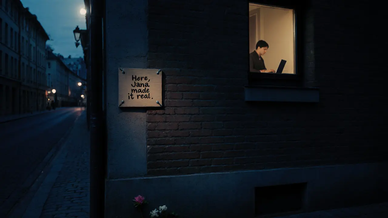 A small hand-painted plaque on a Munich building reads &#039;Here, Jana made it real,&#039; with a single flower at its base.