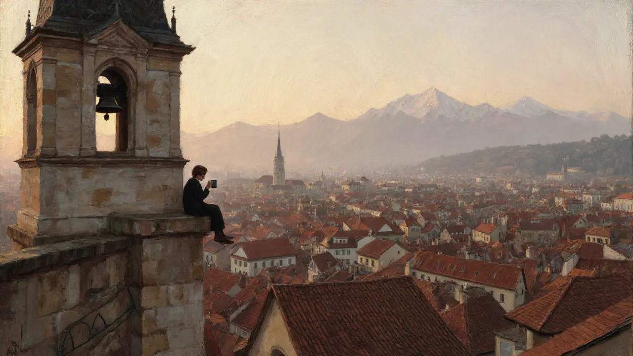 A solitary figure on St. Peter’s bell tower at sunrise, overlooking Munich’s red rooftops and distant Alps.