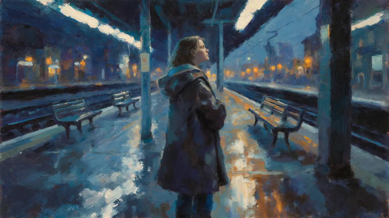 A solitary figure waits on a deserted train platform at 3 a.m., glowing lights reflecting on wet concrete.