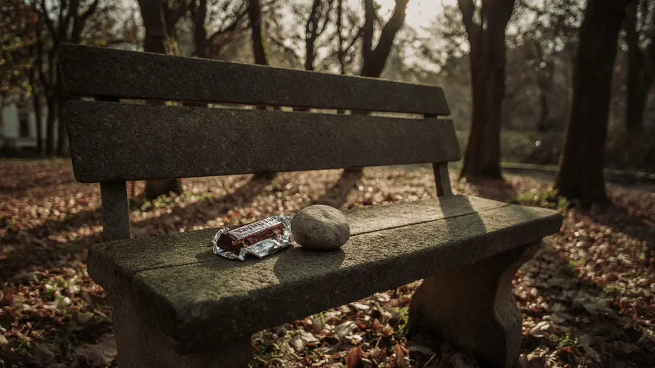 A stone bench in a hidden garden under chestnut trees, with a river stone and chocolate bar.