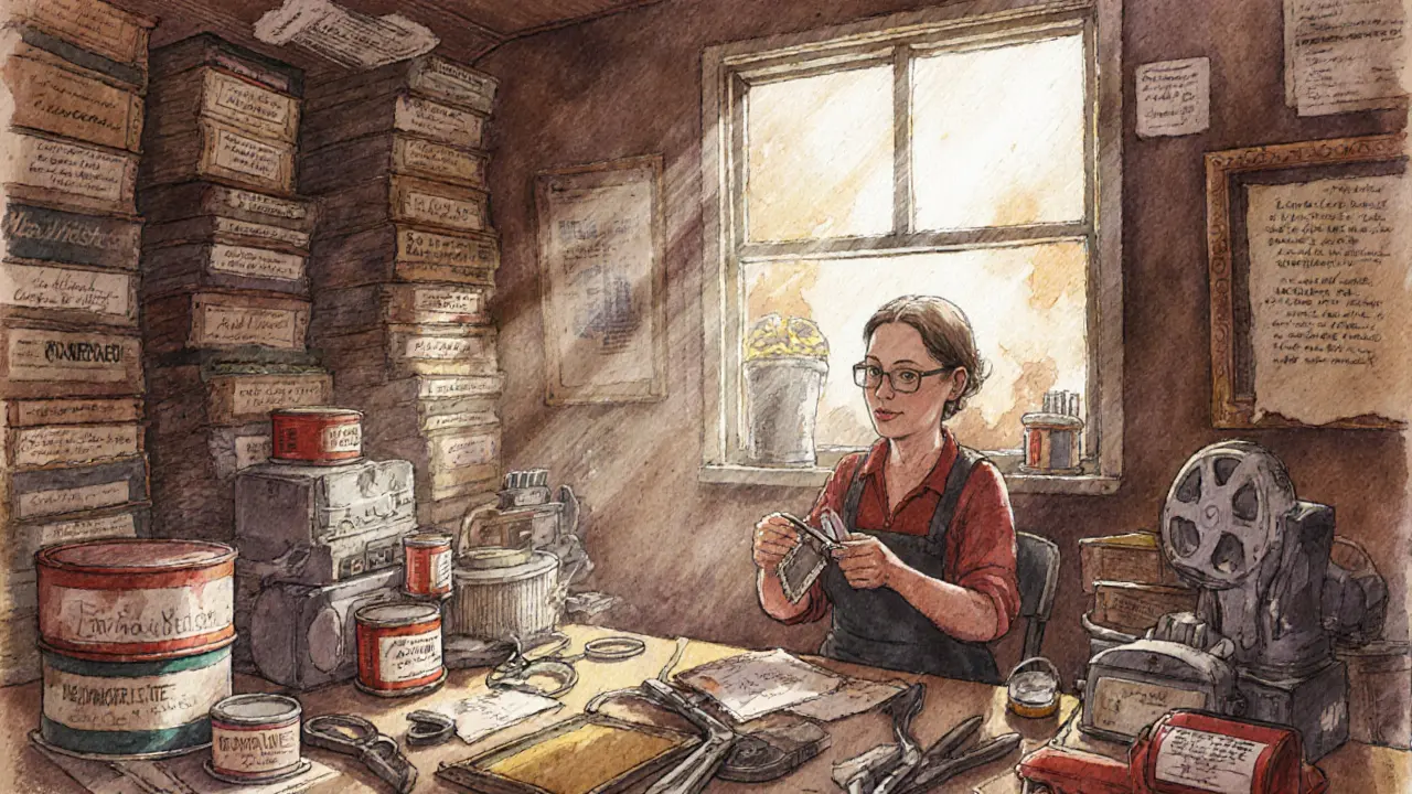 A woman carefully repairing a film strip in a cluttered garage filled with reels and handwritten catalogs.