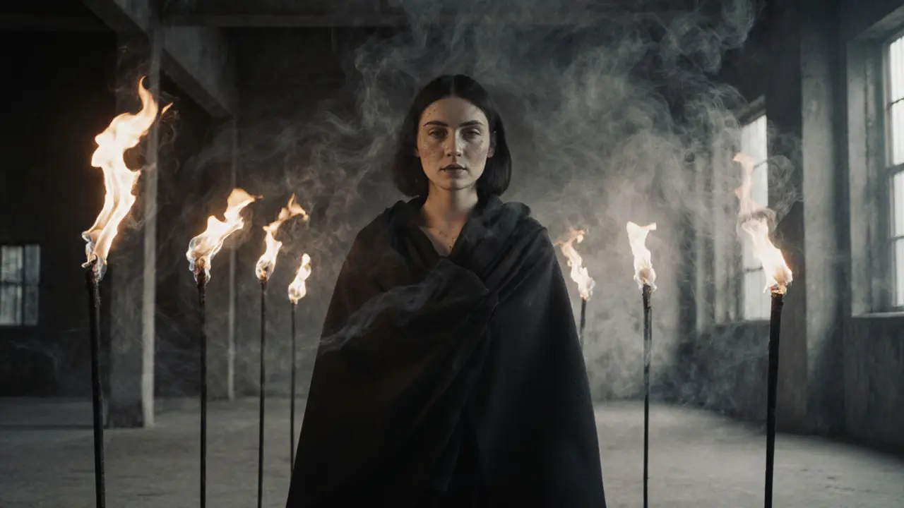 A woman ignites six torches in a silent warehouse, smoke curling around her as flames illuminate her scarred skin in solemn stillness.
