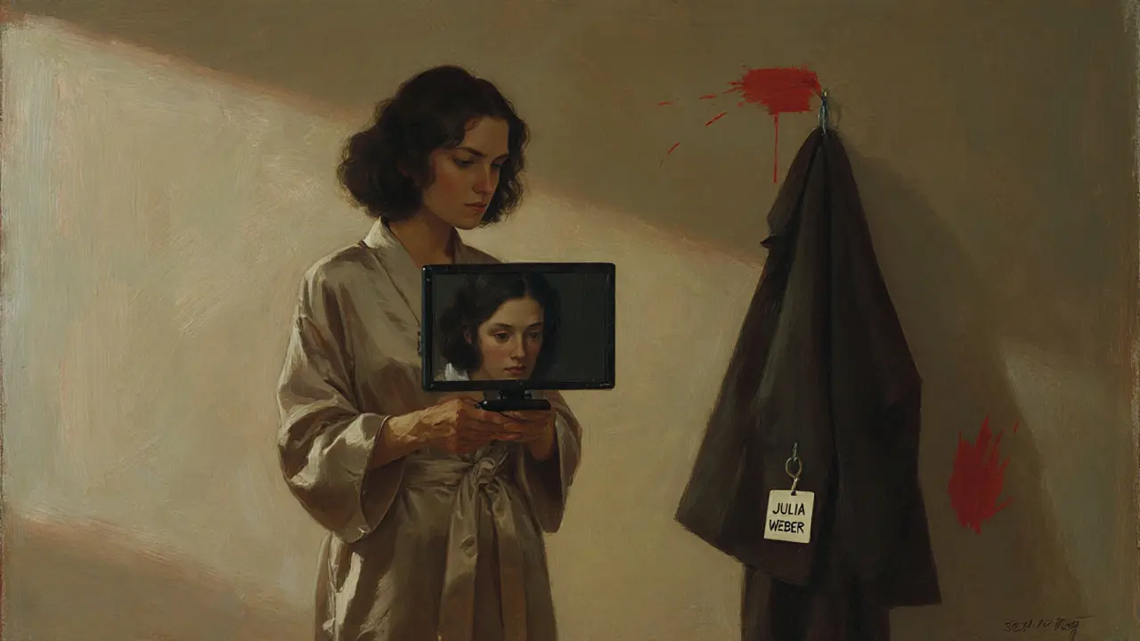 A woman in a silk robe viewing her reflection on a studio monitor, identity in transition.