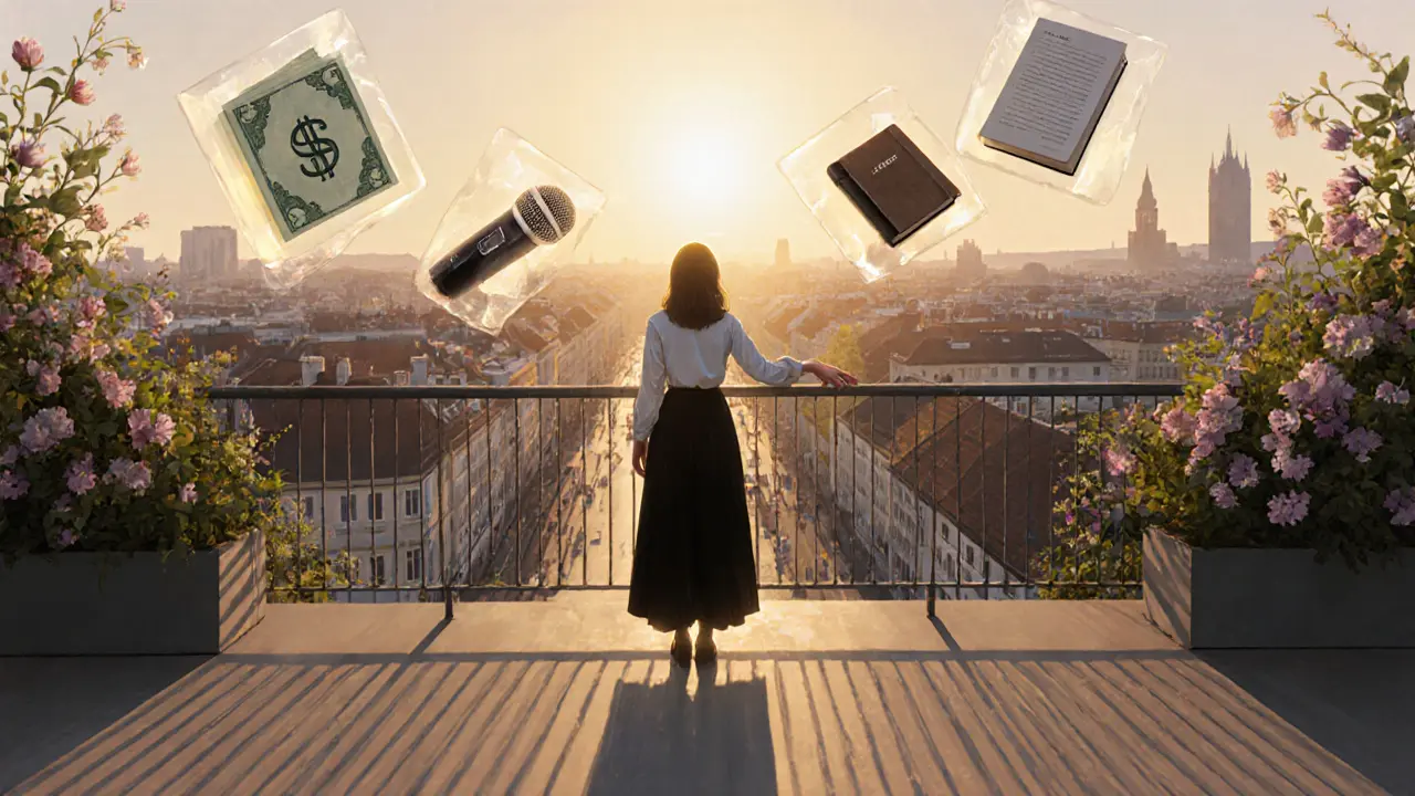 A woman on a Munich balcony at dawn, her past fragments dissolving into growing plants.