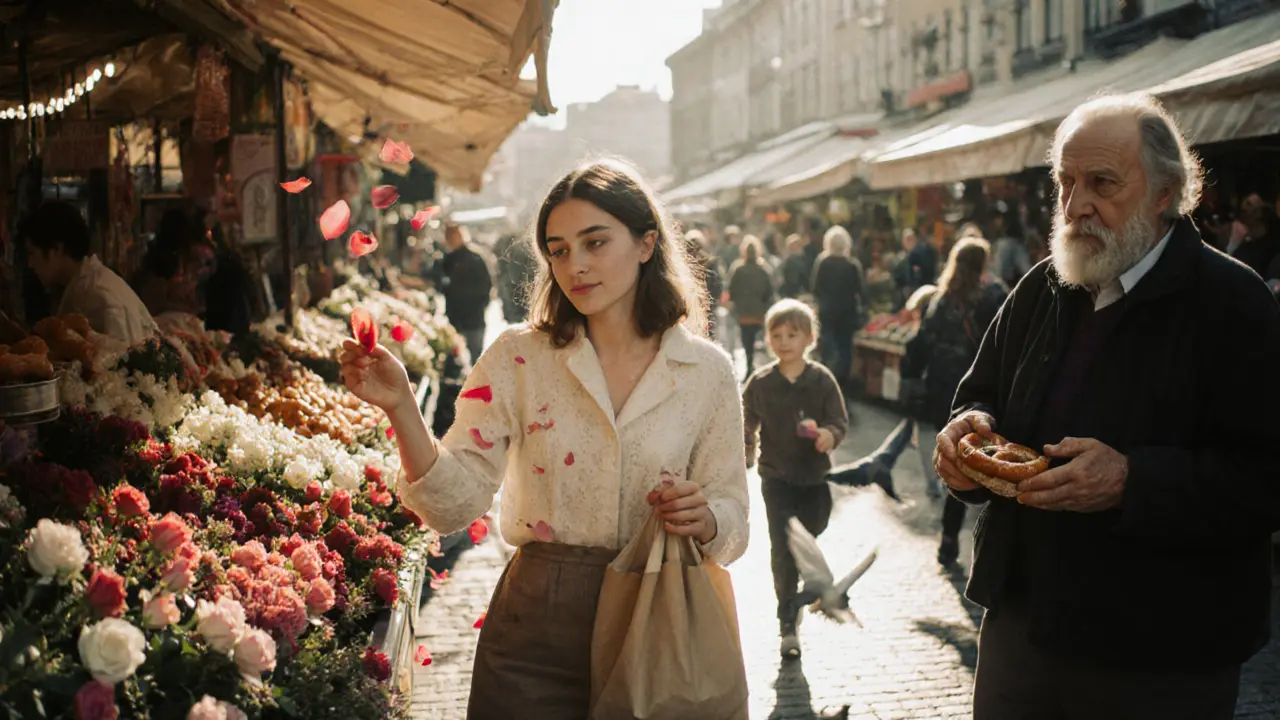 A woman pauses at a market stall, touching roses, holding pretzels as vendors move around her in soft blur.