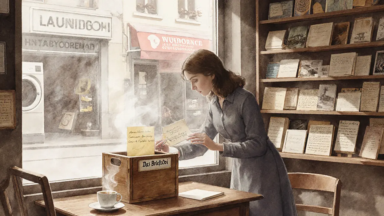 A woman places a letter into a wooden box inside a foggy storefront filled with old journals and postcards.