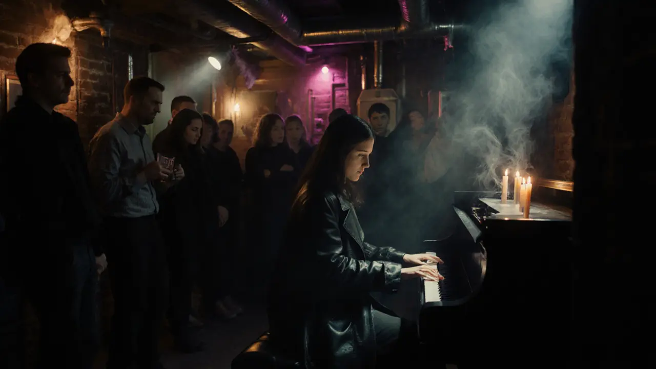 A woman playing piano by candlelight in a quiet industrial club, crowd silent in silhouette.