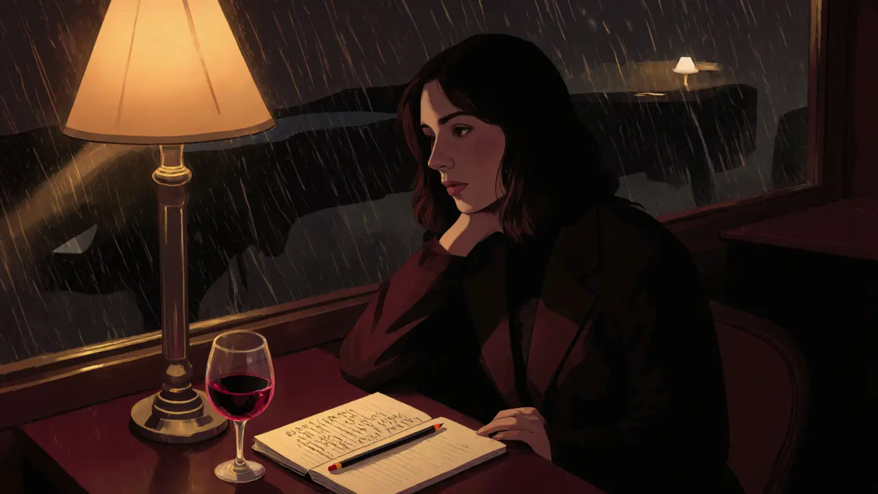 A woman sits in a quiet jazz bar, rain on the window, writing in a notebook with a glass of wine nearby.