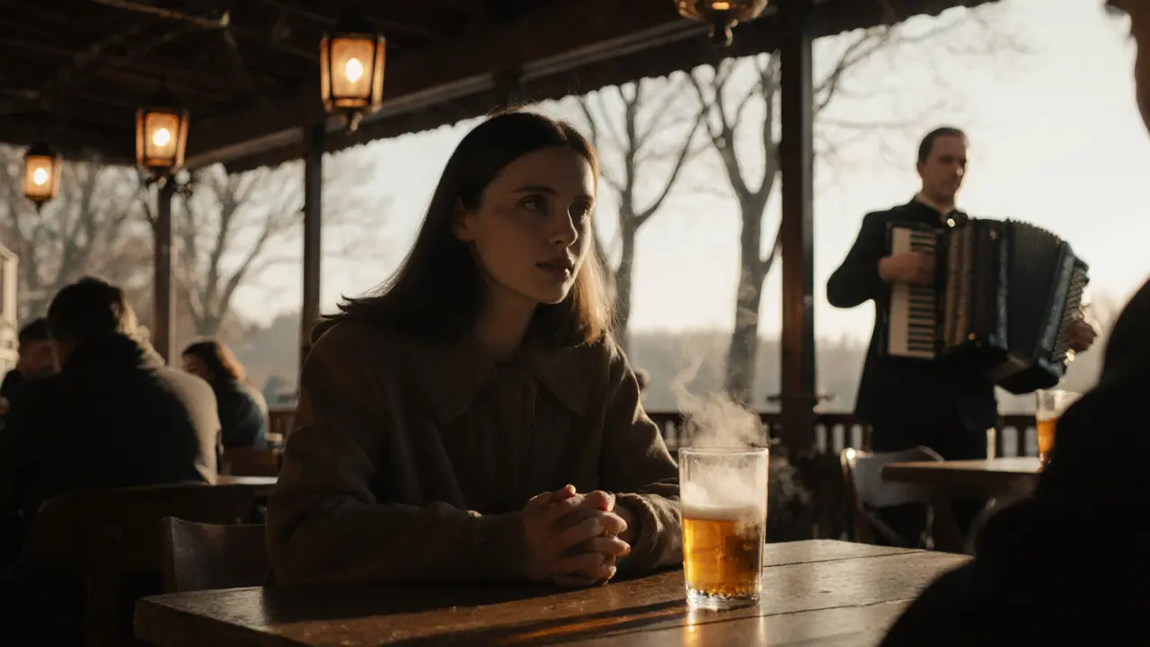 A woman sits silently at a beer garden table, steam rising from a glass, winter light filtering through trees.