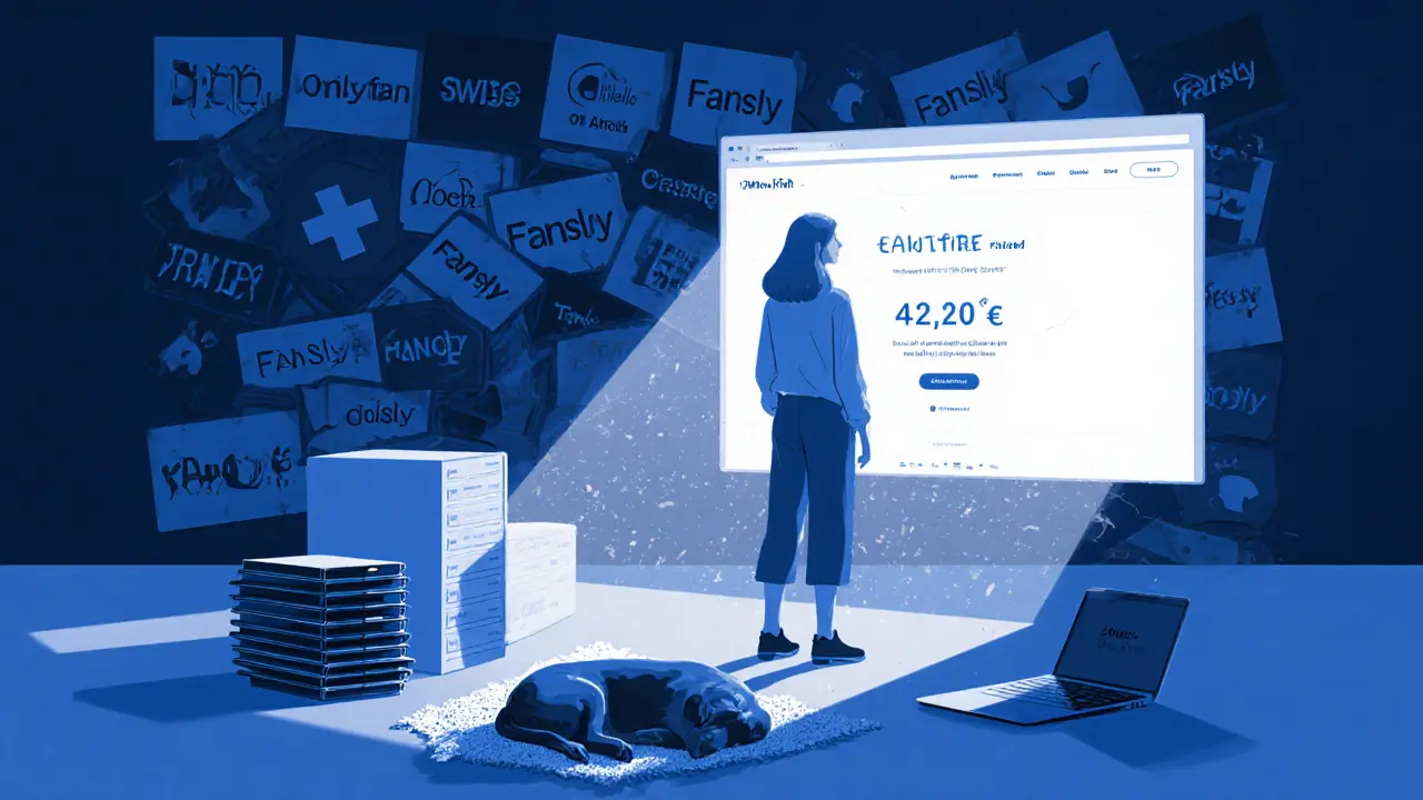 A woman watches her website&#039;s crowdfunding success, while traditional platforms crumble in the background.