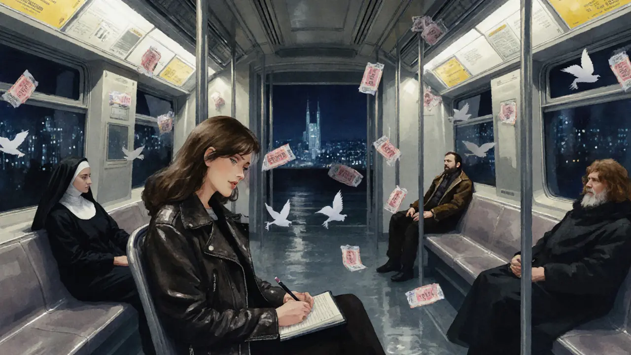 A woman with a notebook rides the U-Bahn at night, surrounded by quiet strangers in a softly lit, rain-streaked train car.