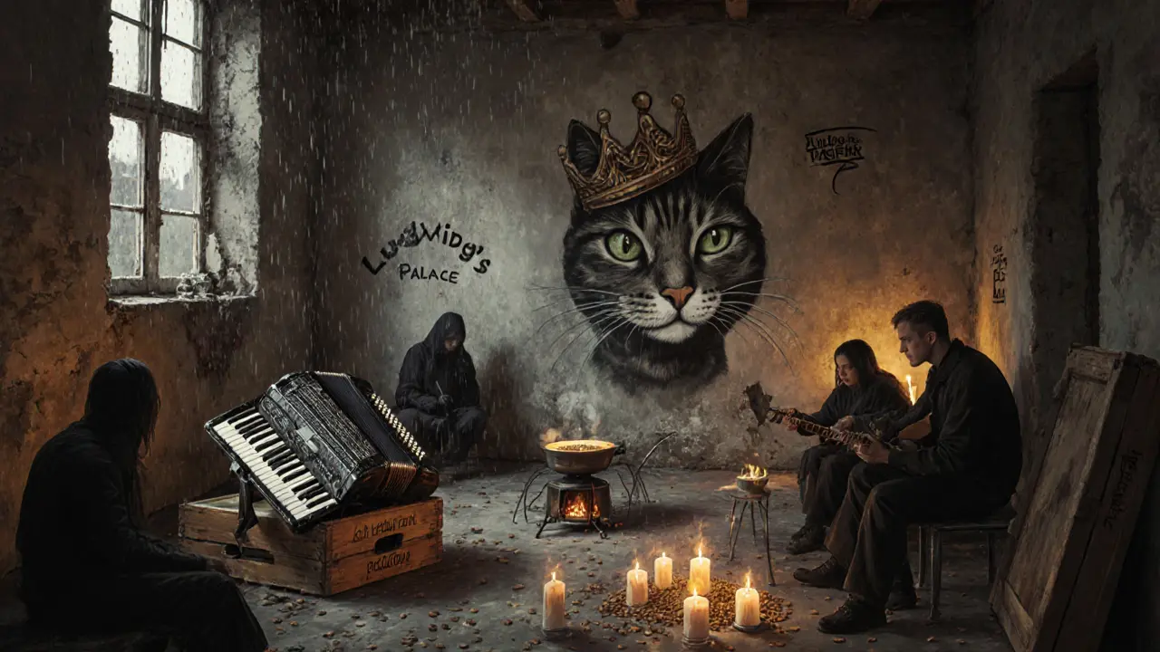 Abandoned factory turned squat with a mural of a crowned cat, lit by candlelight as people share food and music.