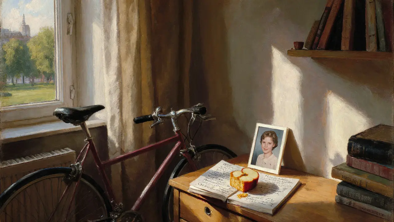An apartment interior with books, a bicycle, and an open notebook in soft sunlight.