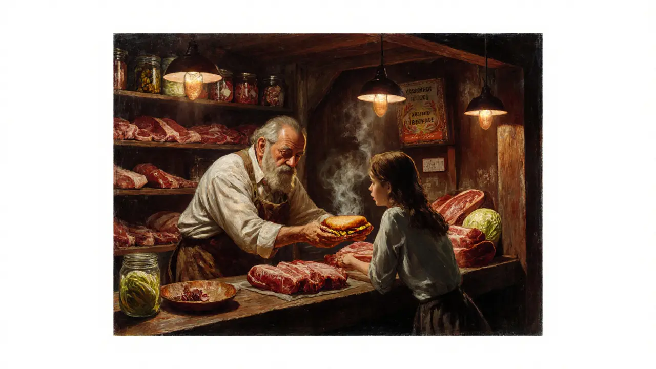 An elderly butcher hands a sandwich to a customer at a hidden market stall, shelves of smoked meats behind them.