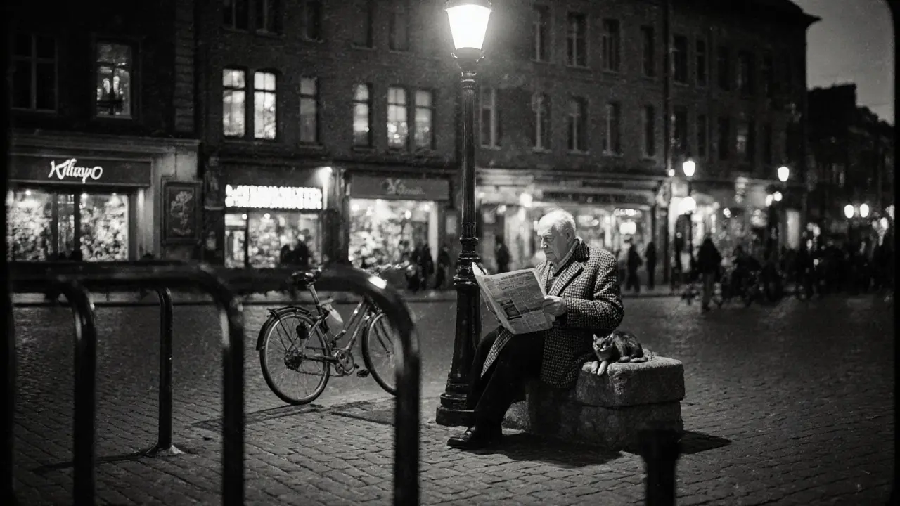 An elderly man reads a newspaper under a lamppost near a market, cat resting nearby, soft black-and-white film aesthetic.