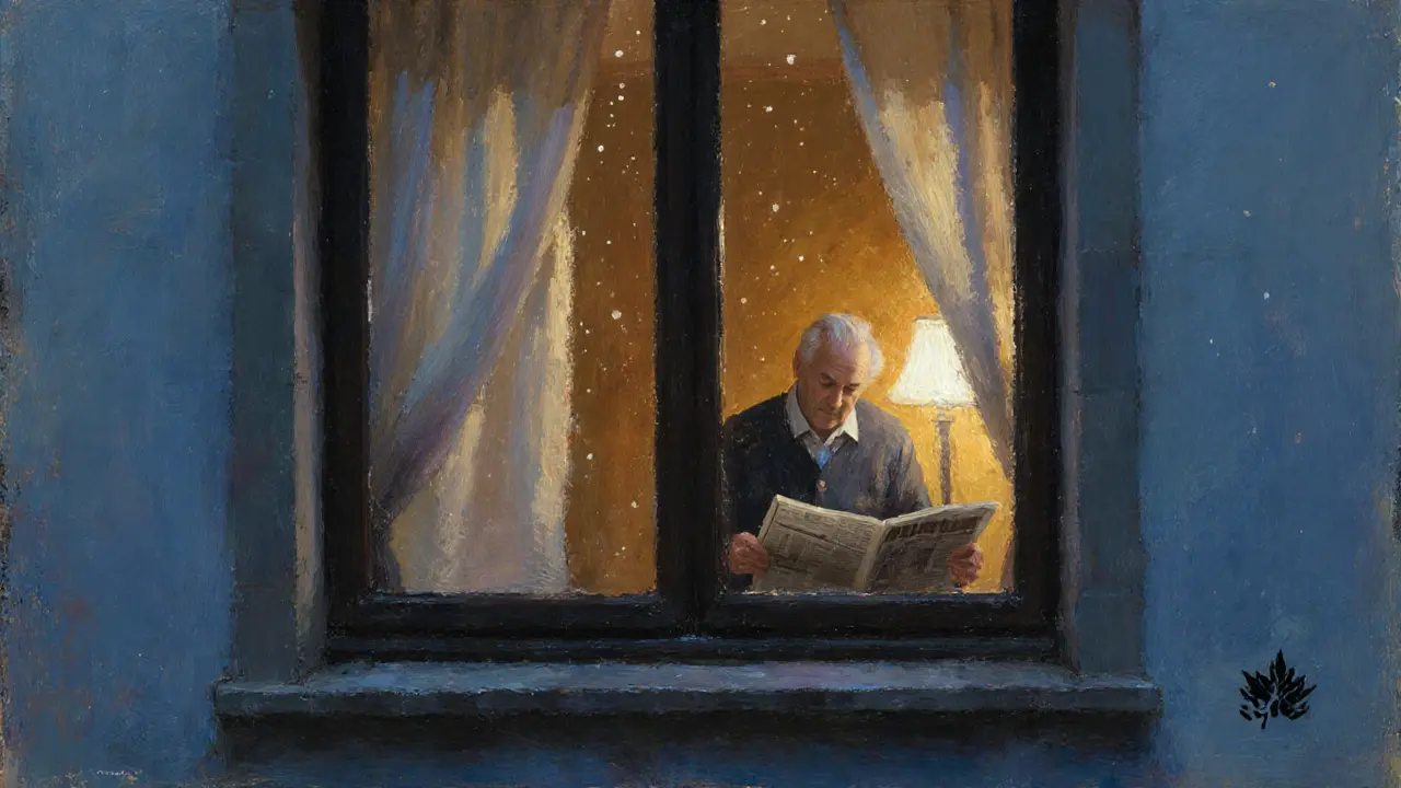 An elderly man reads by lamplight in a Munich window, curtains softly moving, dust motes in the air.
