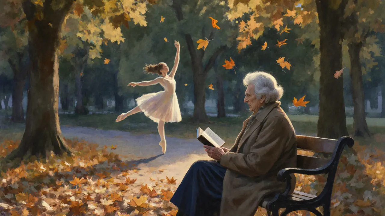 An elderly woman reads on a bench in the English Garden as a faint silhouette of a dancer lingers in the trees.