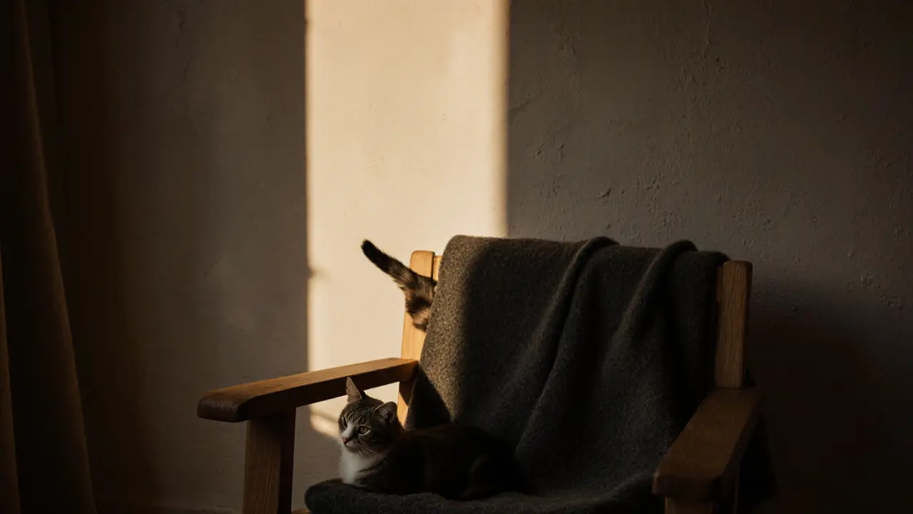 An empty armchair with a folded wool blanket, casting the shadow of a cat&#039;s tail on the wall.