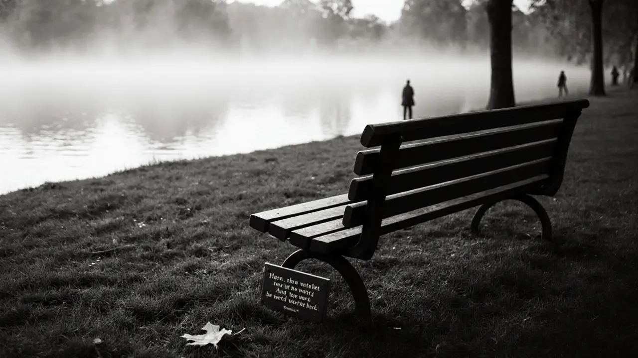 An empty bench with a quiet plaque by a misty lake, autumn leaves on the ground.