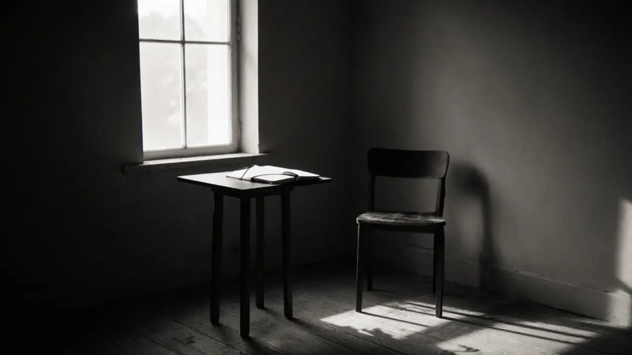 An empty chair in a quiet room with natural light, an open notebook on the table, no mirrors or devices.