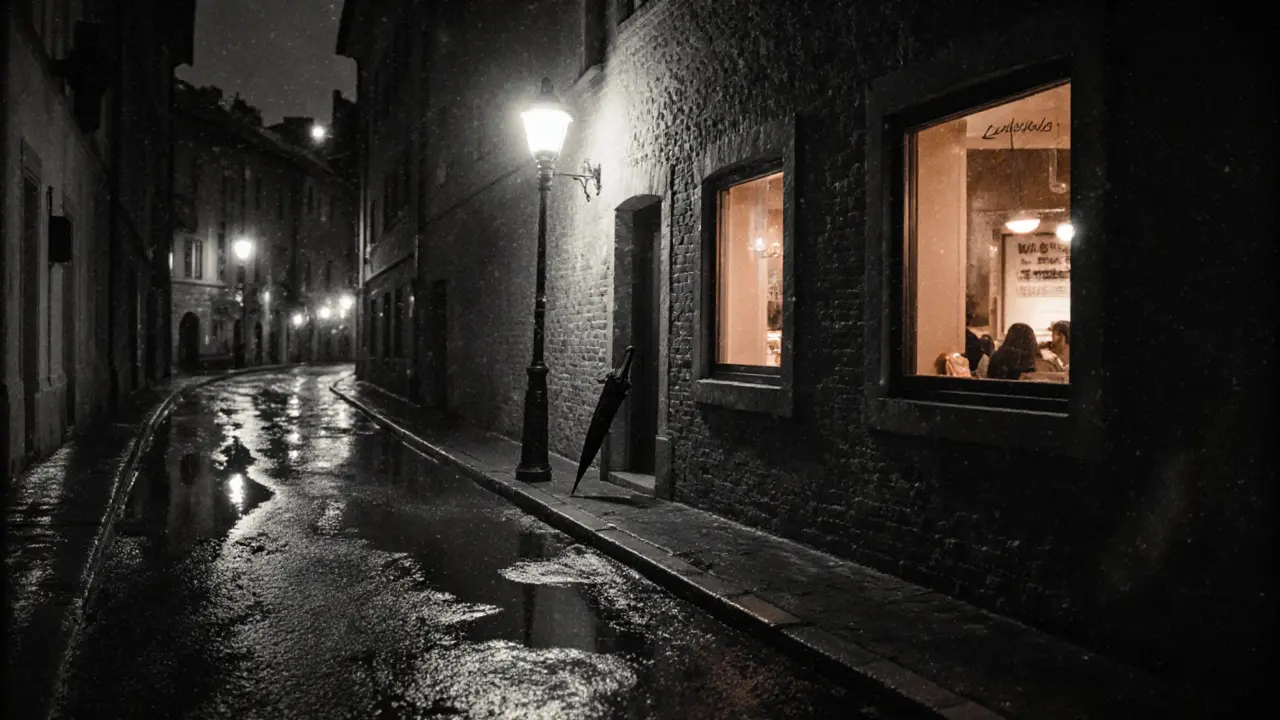 An empty, rain-dampened alley behind a Munich café, with a lone umbrella leaning against the wall under soft lamplight.