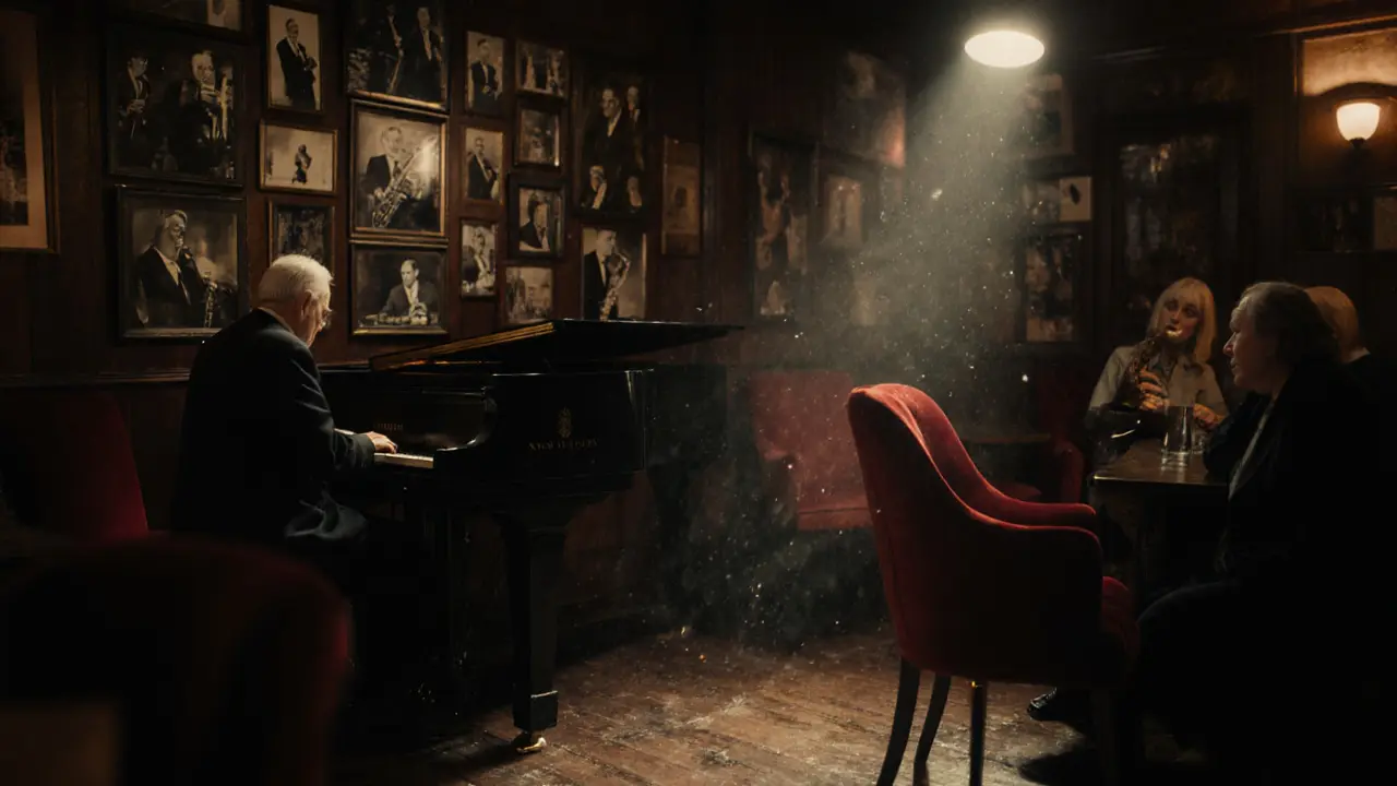 An intimate jazz club with vintage photos on the walls, an elderly pianist playing under a spotlight.