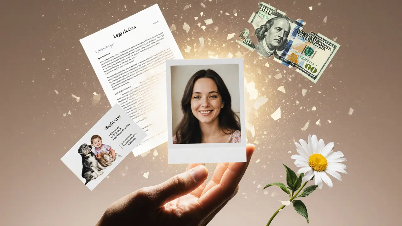 An unfiltered photo of Sexy Cora surrounded by symbols of her ethical work and community impact.