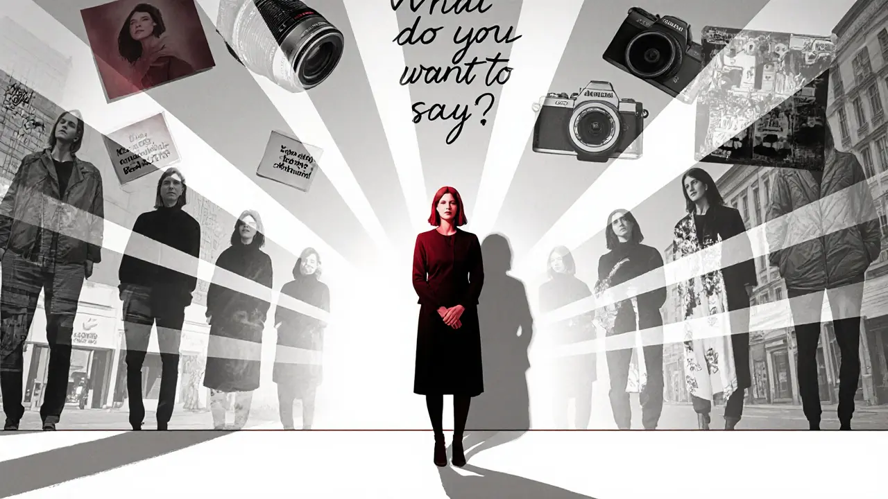 Annette&#039;s multiple selves as artist, teacher, and owner, casting a radiant shadow in a white room, symbolic of her independent journey.