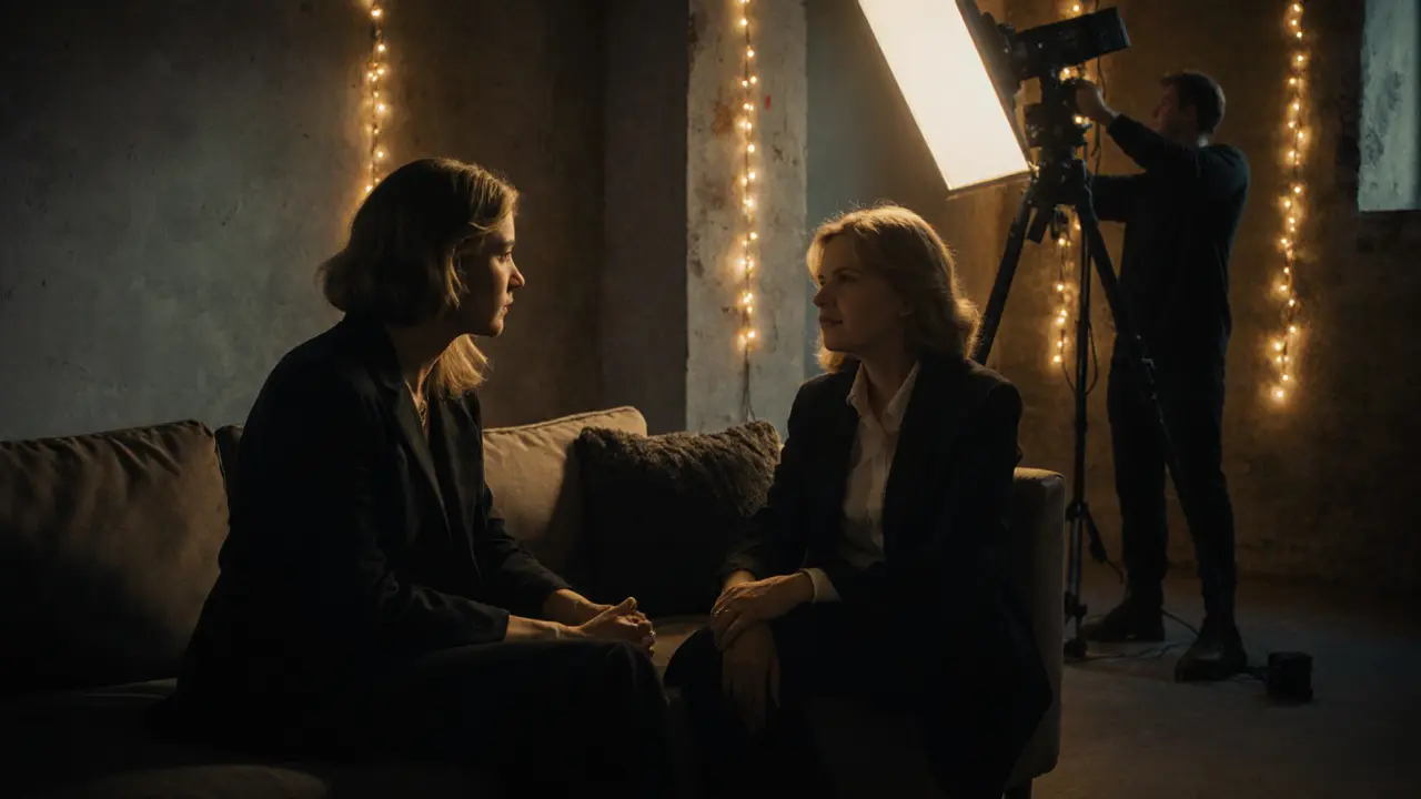 Annette and a co-star in a warehouse studio, having a quiet conversation during a film shoot, soft golden light, crew in background.