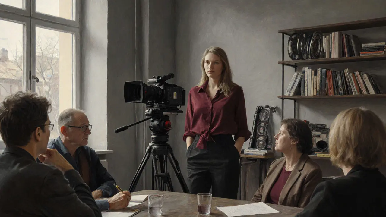 Anny Aurora in a studio with her team, engaged in a thoughtful meeting about ethical production.