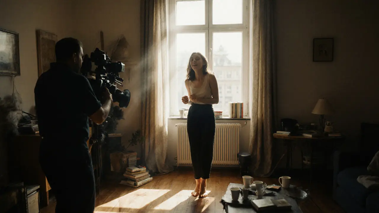 Briana Banks laughing naturally in a sunlit Munich apartment after a film take, surrounded by everyday details.