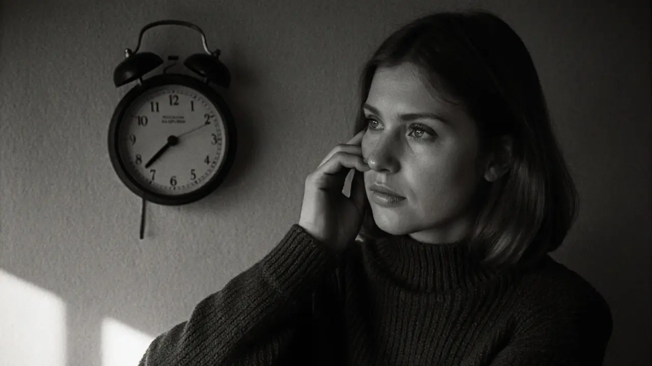 Close-up of Sibylle Rauch silently crying in a sunlit room, staring at a wall clock.
